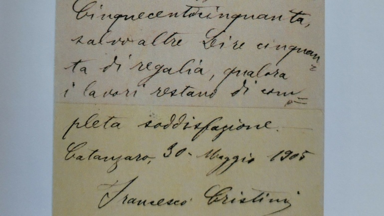 Raro documento di accordo tra il pittore Francesco Cristini e il parroco dell'epoca Sebastiano Rubino per la realizzazione delle icone del SS Rosario di Pentone - 1905