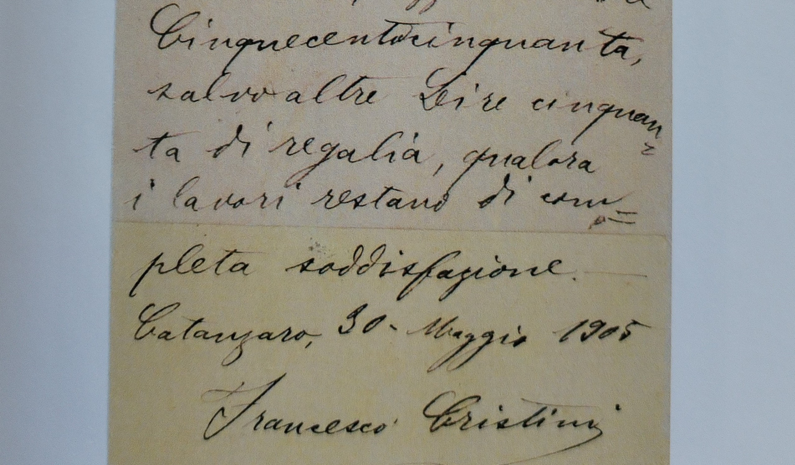 Raro documento di accordo tra il pittore Francesco Cristini e il parroco dell'epoca Sebastiano Rubino per la realizzazione delle icone del SS Rosario di Pentone - 1905