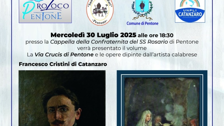 Locandina evento sul pittore Francesco Cristini e le icone del SS Rosario di Pentone del 30.7.25