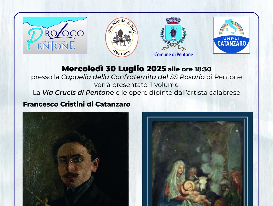 Locandina evento sul pittore Francesco Cristini e le icone del SS Rosario di Pentone del 30.7.25