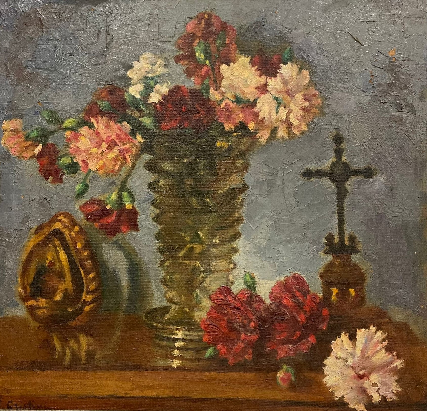 Vaso con fiori - olio su tavoletta - 41x40cm - s.d.