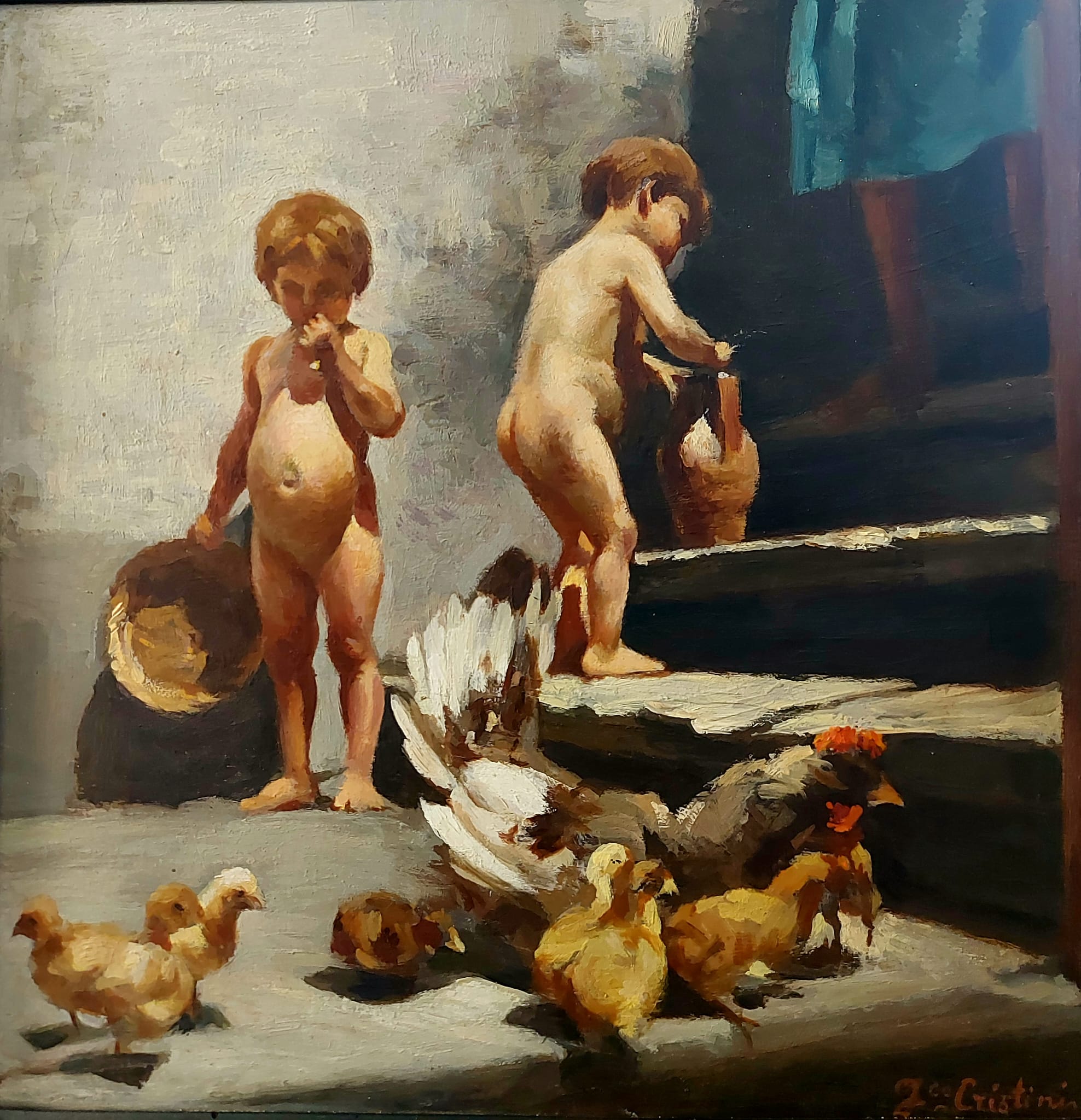 6. Bambini con galline s.d. - olio su tavoletta - 28x28