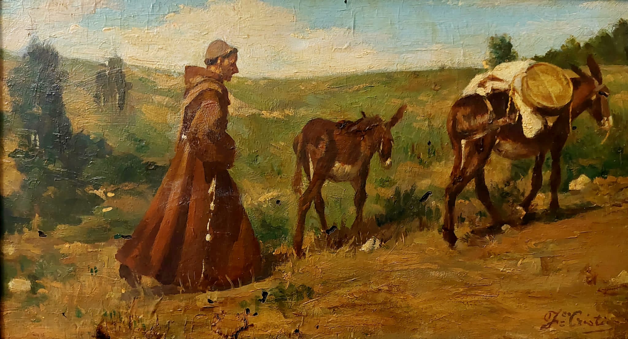 8. Frate in cammino con due asini - olio su tavoletta 24,5x43 s.d.