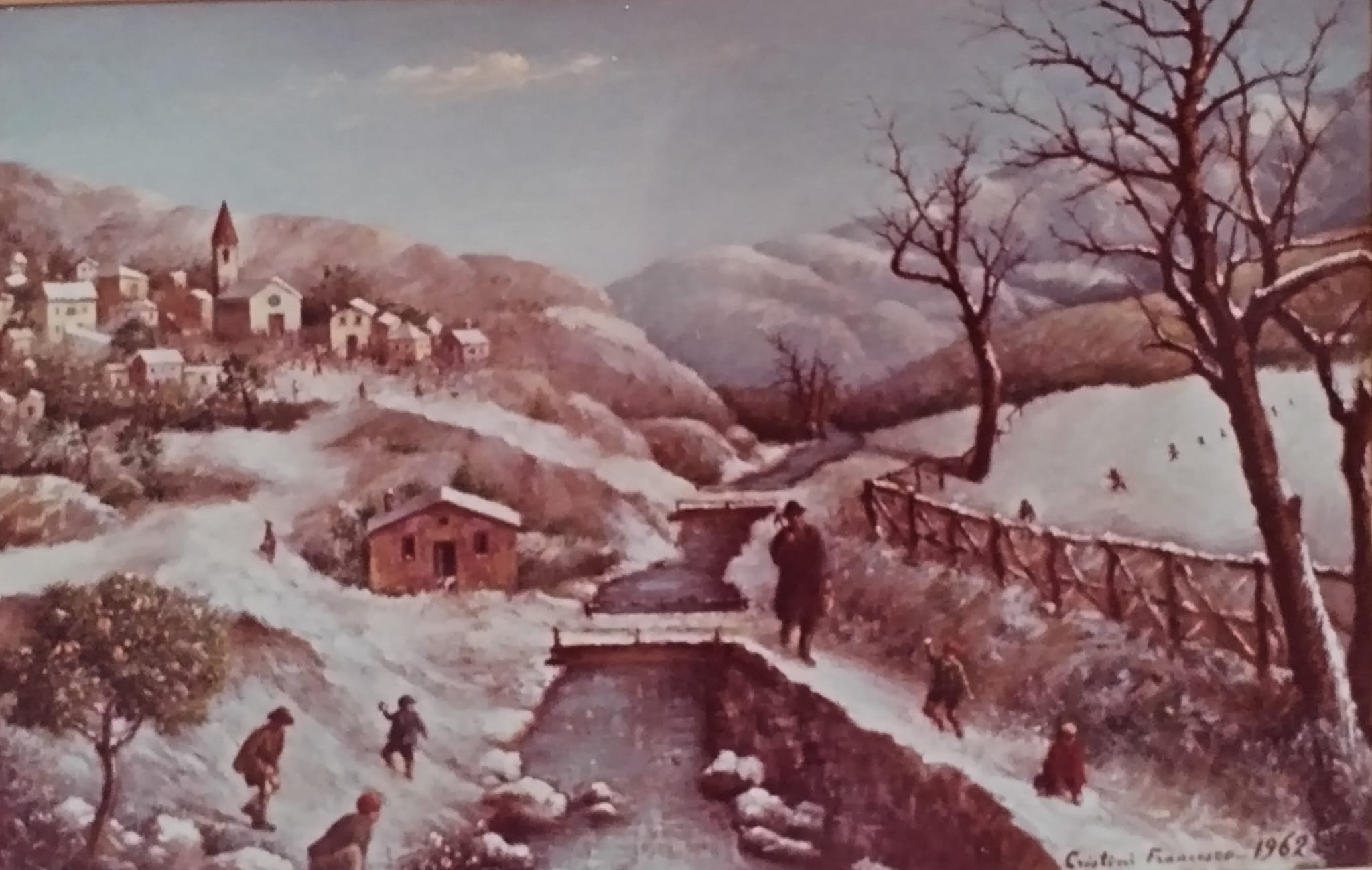 Nevicata - Riproduzione da ritaglio di enciclopedia - olio - 1962