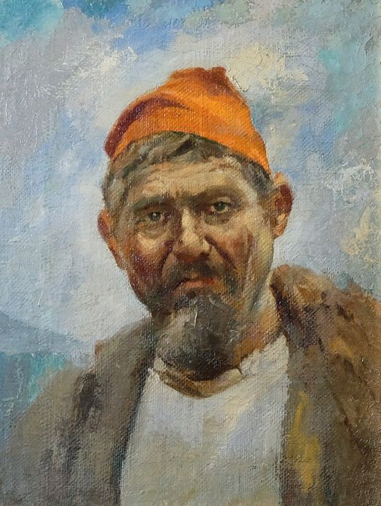 Pescatore a villaggio marina - olio su tavoletta - 41x54 cm - s.d.