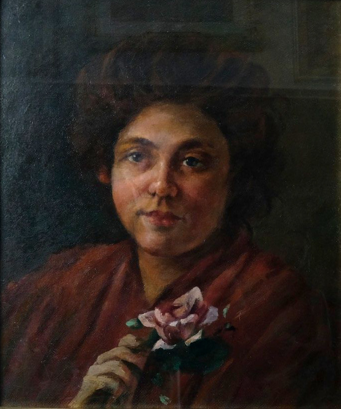 Francesco Cristini - Ritratto di giovane donna con fiore - olio su faesite - 40x47 cm - epoca 1932 circa
