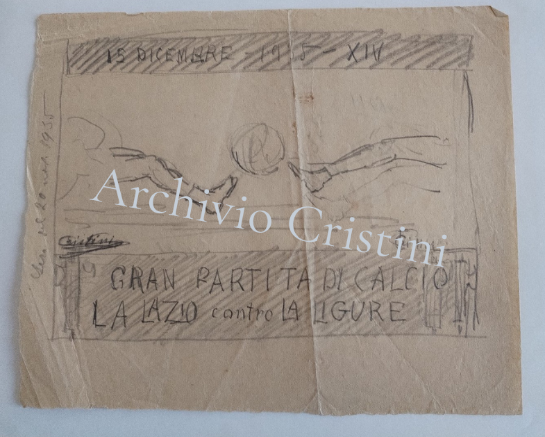 Bozzetto di Francesco Cristini del 1935 per la Gran partita di calcio tra La Lazio e La Ligure Studio per manifesto - Archivio Cristini Bozzetto di Francesco Cristini del 1935 per la Gran partita di calcio tra La Lazio e La Ligure